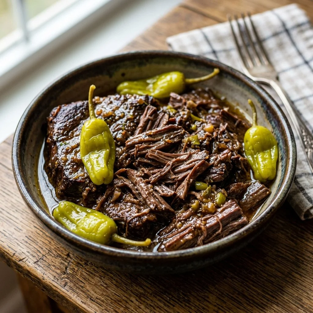 Mouthwatering Mississippi Pot Roast served with vegetables and gravy.