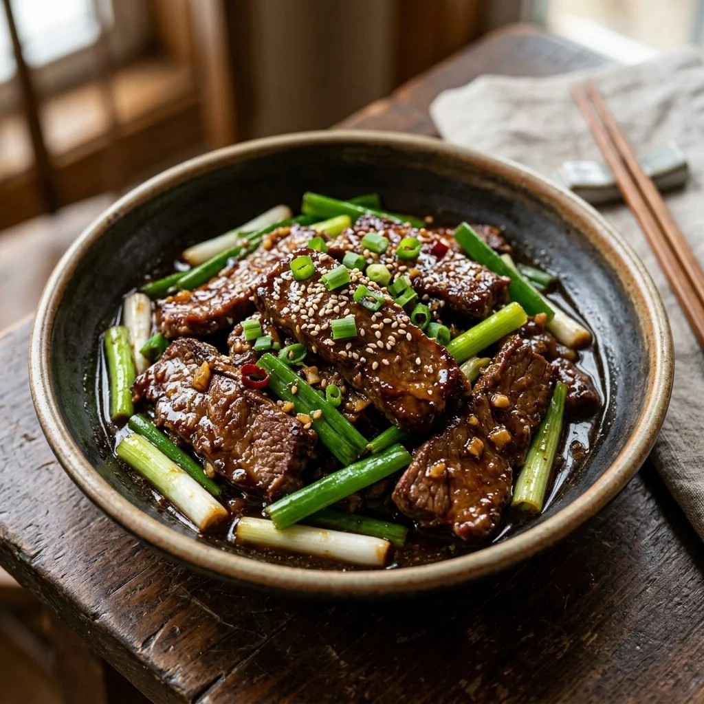 Delicious plate of Mongolian beef stir-fry with green onions and sauce