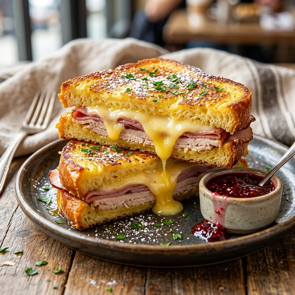 Delicious Monte Cristo Sandwich with ham, turkey, and Swiss cheese, fried until golden.