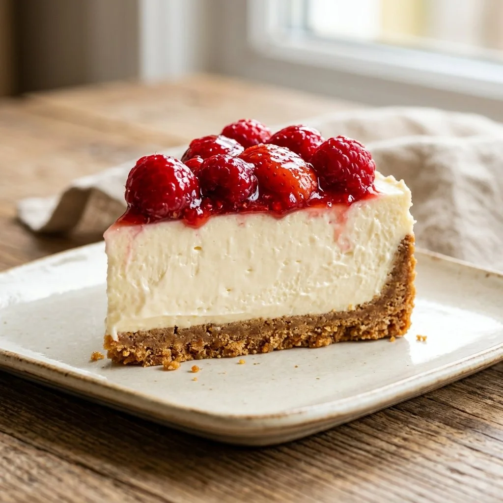 Delicious no bake cheesecake topped with fresh berries and whipped cream.