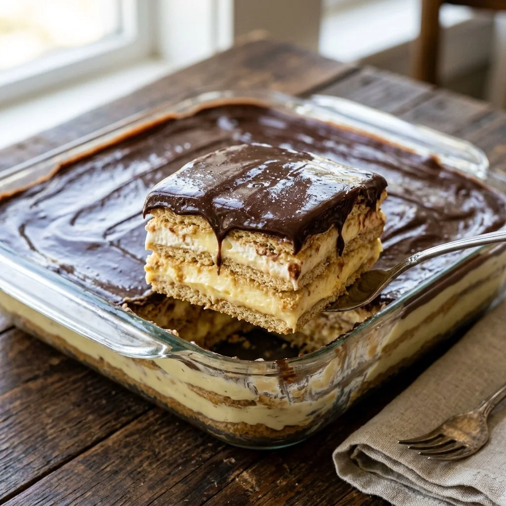 Delicious no bake eclair cake layered with cream and chocolate glaze.
