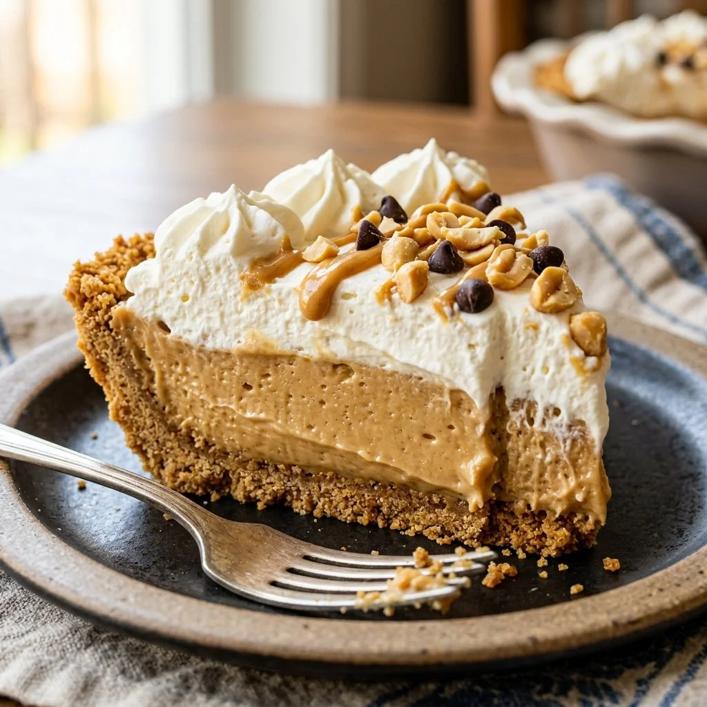 Delicious no-bake peanut butter pie with a creamy filling and chocolate topping