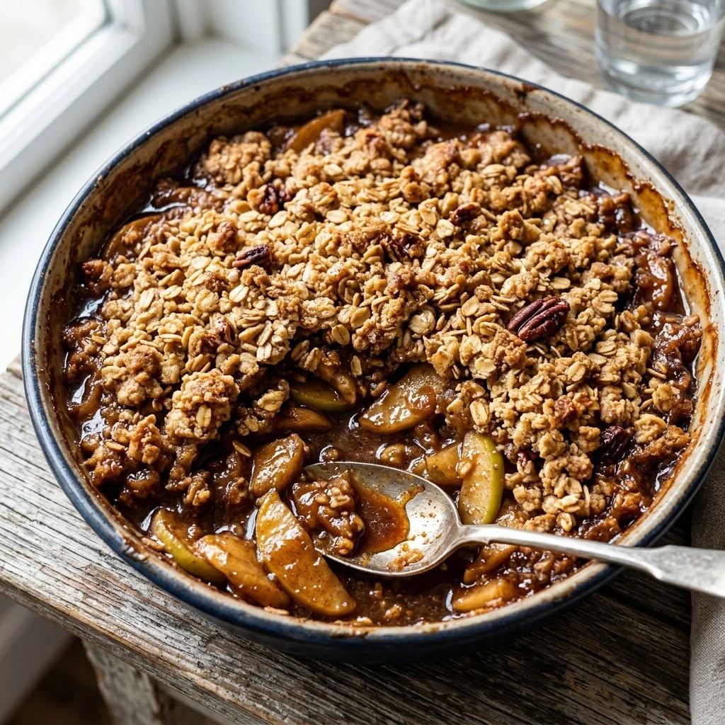 Delicious old fashioned apple crisp dessert topped with a crunchy oat mixture.
