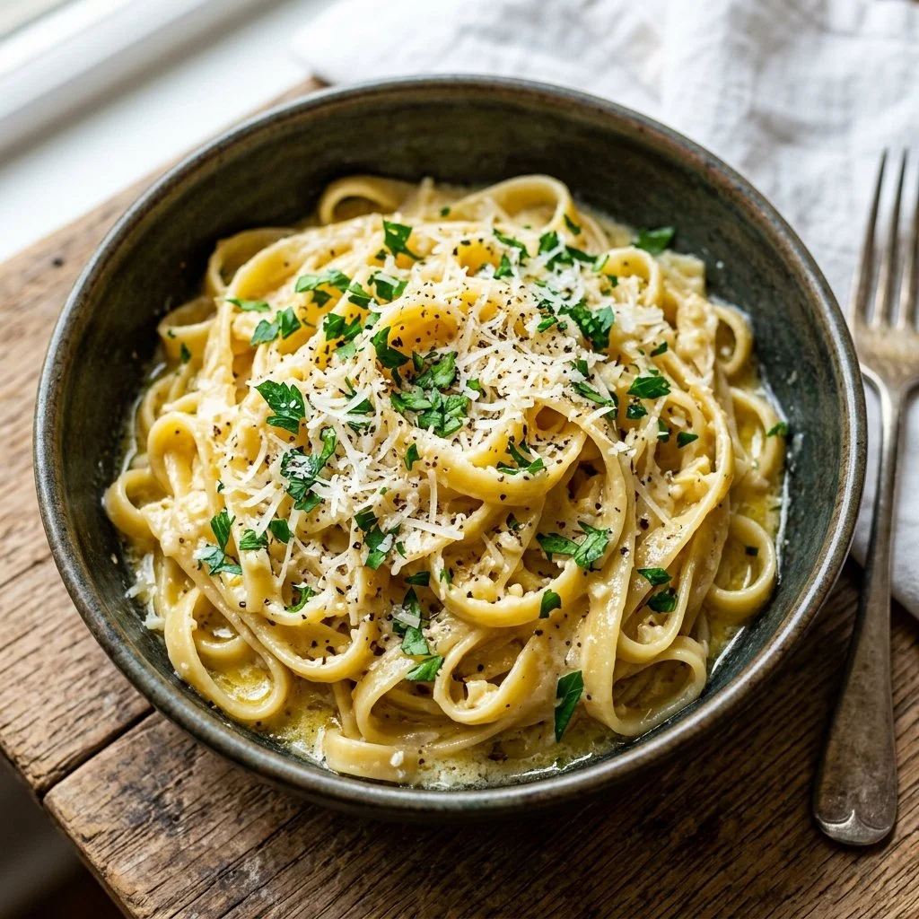 Delicious One Pot Garlic Parmesan Pasta served in a bowl with herbs.