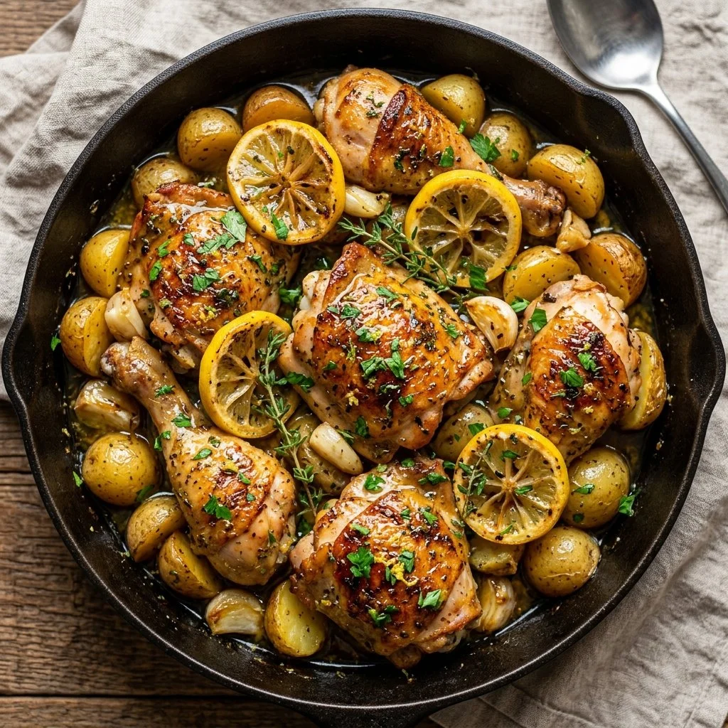 One Pot Lemon Chicken dish with herbs and lemon slices