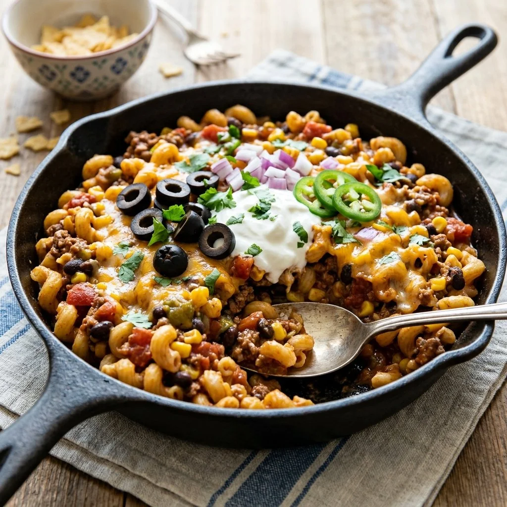 One Pot Taco Pasta garnished with fresh herbs and cheese in a skillet