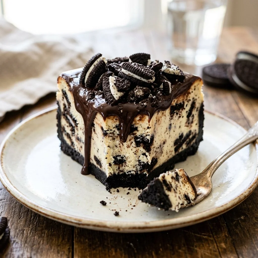 Delicious Oreo Cheesecake topped with crushed Oreos and chocolate drizzle