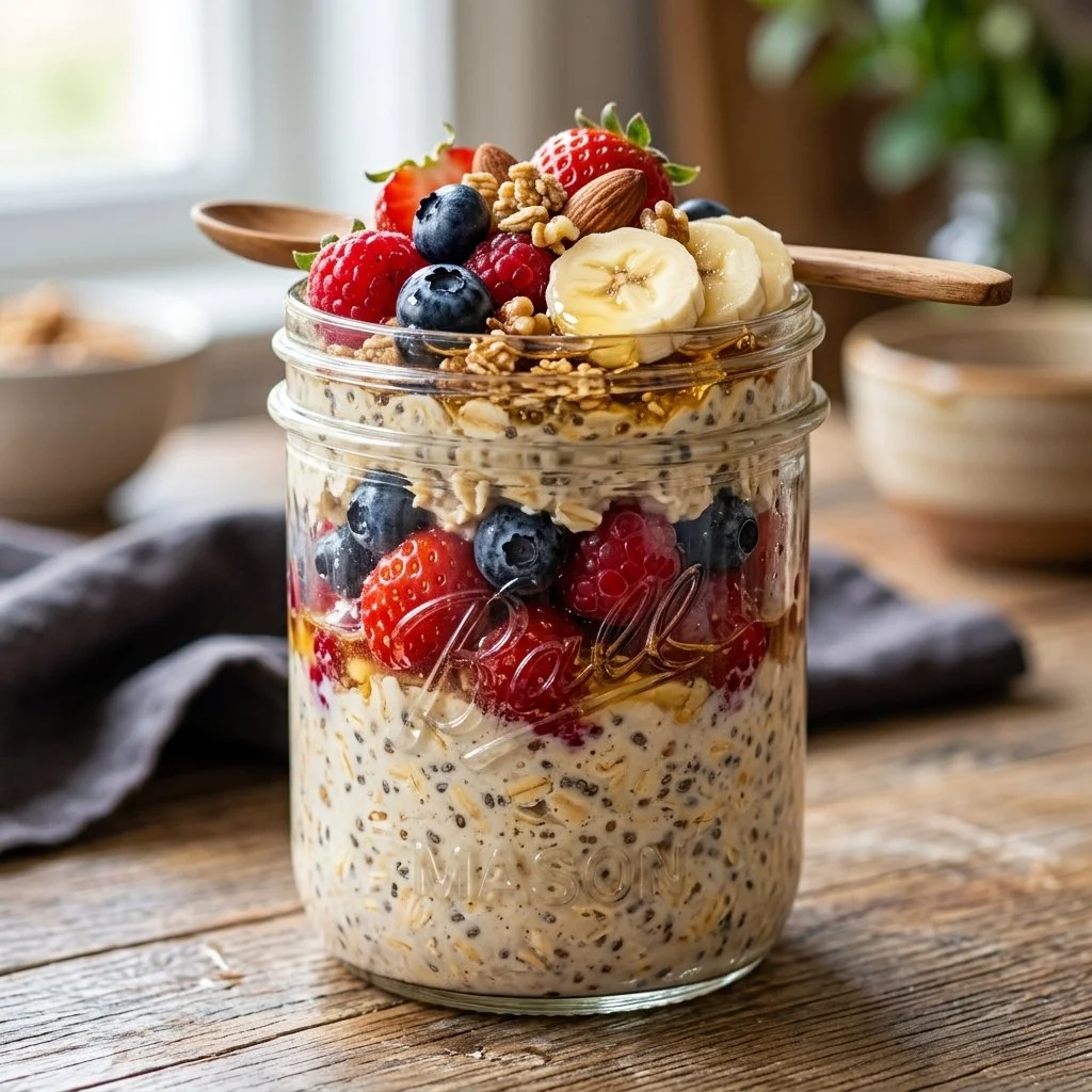 Bowl of colorful overnight oats topped with fruits and nuts for a nutritious breakfast.