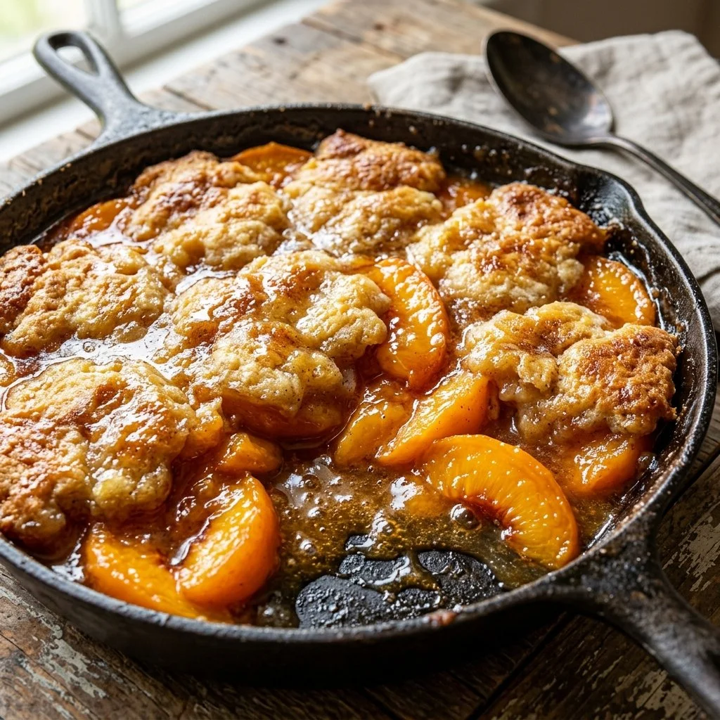 Delicious homemade peach cobbler dessert with a golden crust and fresh peaches