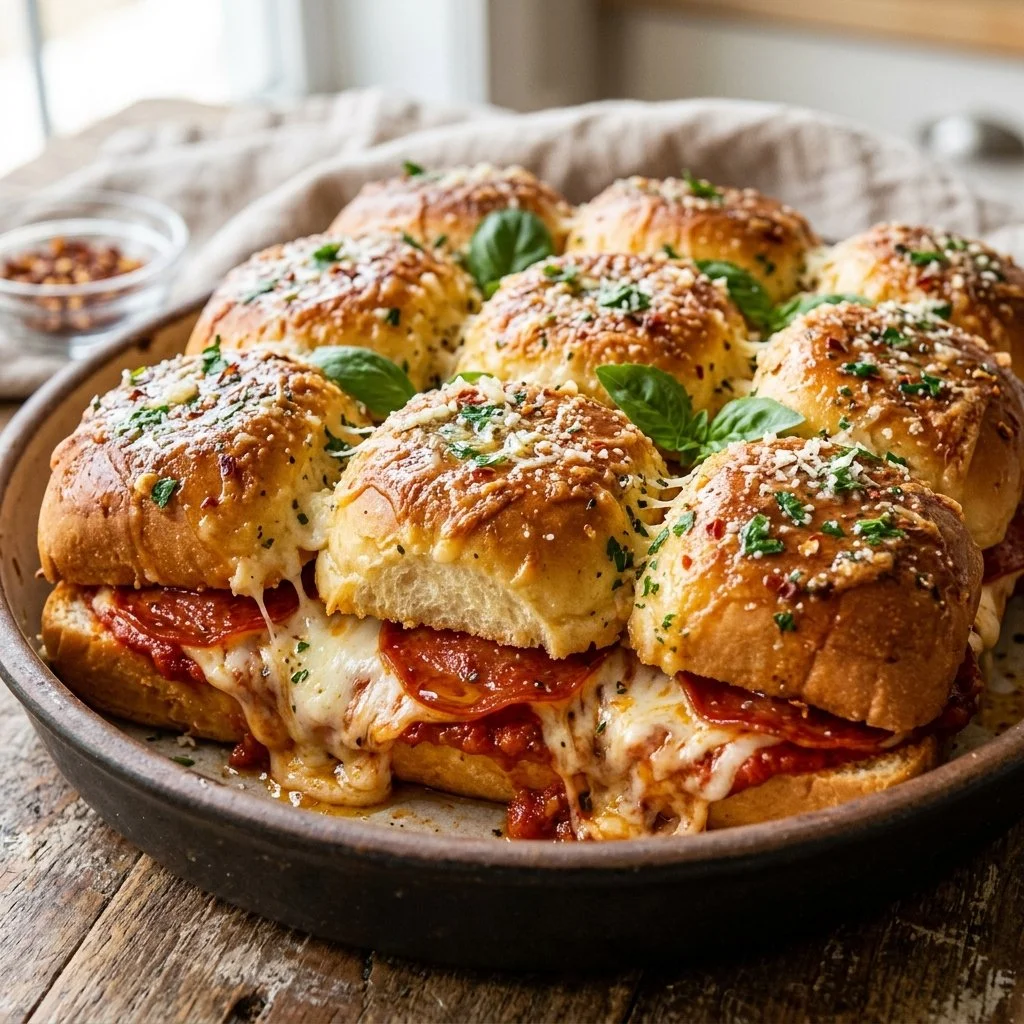 Pepperoni pizza sliders served on a platter with cheese and garnishes.