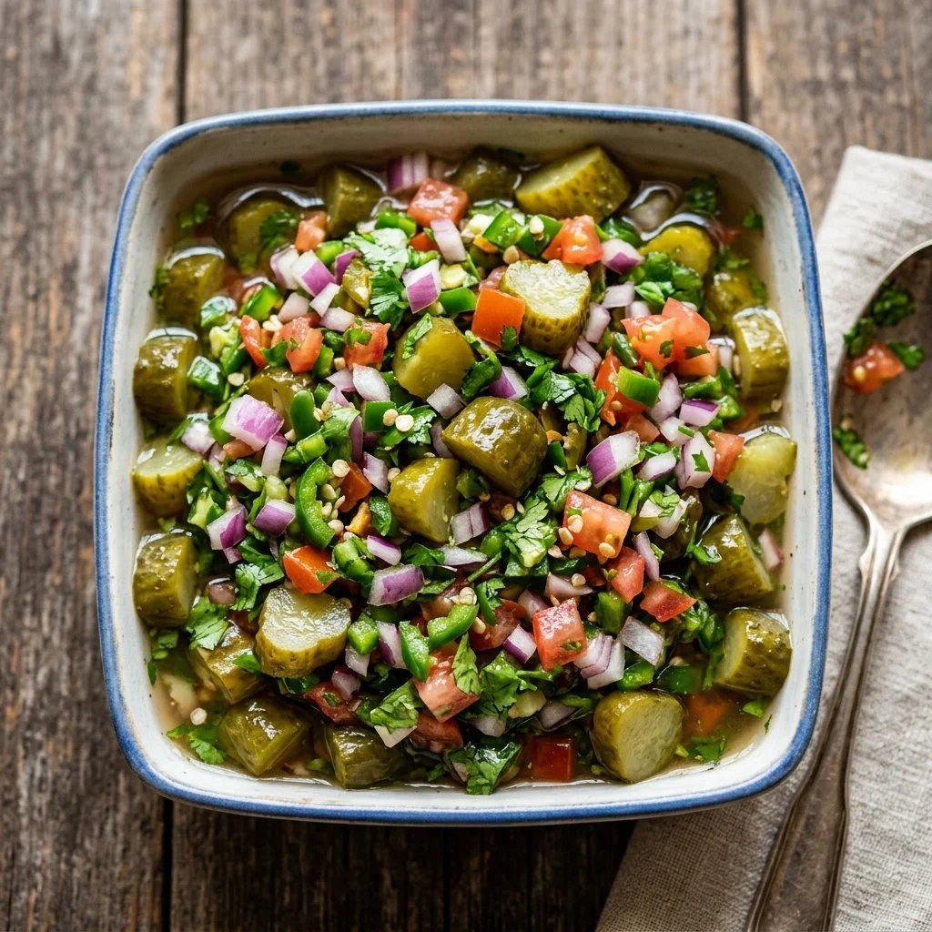 Colorful bowl of Pickle De Gallo featuring diced pickles and fresh vegetables.