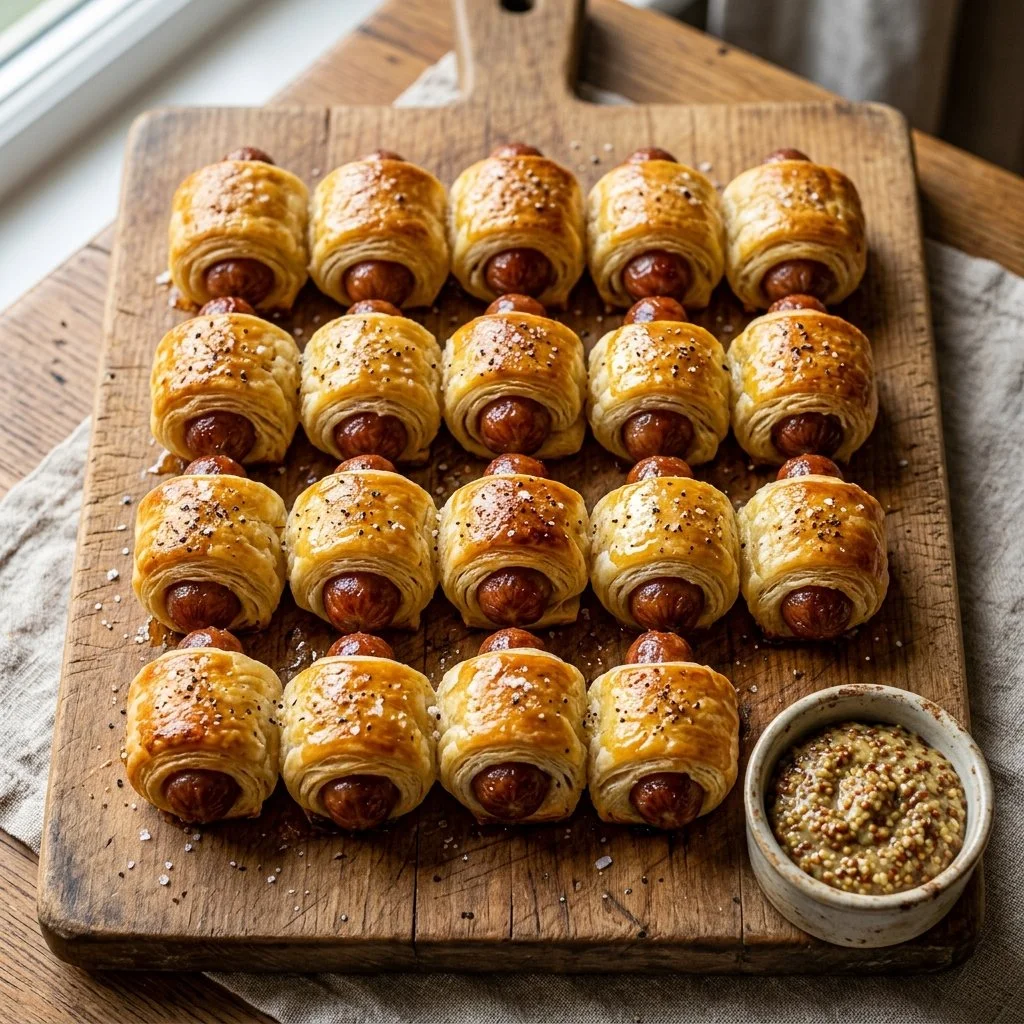 Delicious homemade pigs in a blanket served on a platter