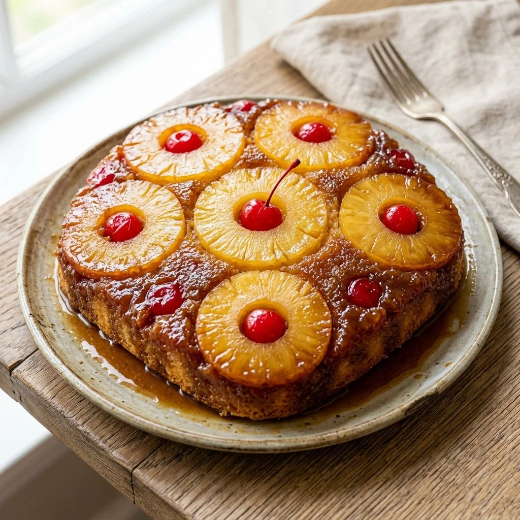 Delicious homemade Pineapple Upside Down Cake served on a plate