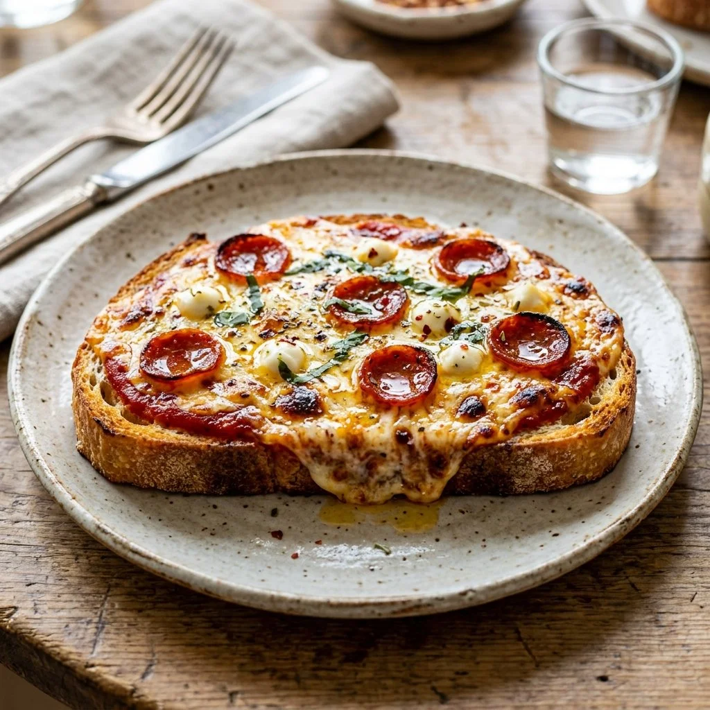 Delicious homemade Pizza Toast topped with cheese, pepperoni, and fresh ingredients.