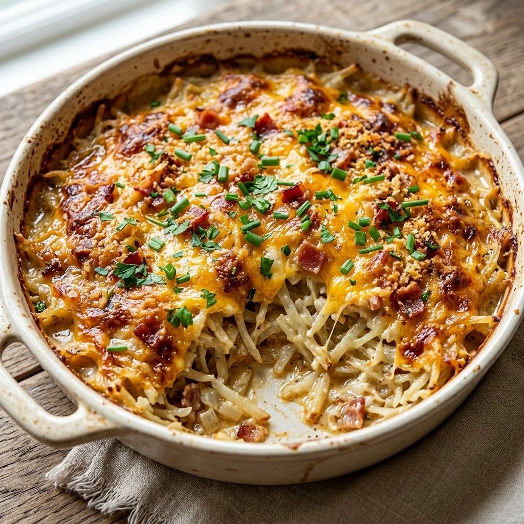 Potato hash brown casserole with cheese and crispy toppings for breakfast