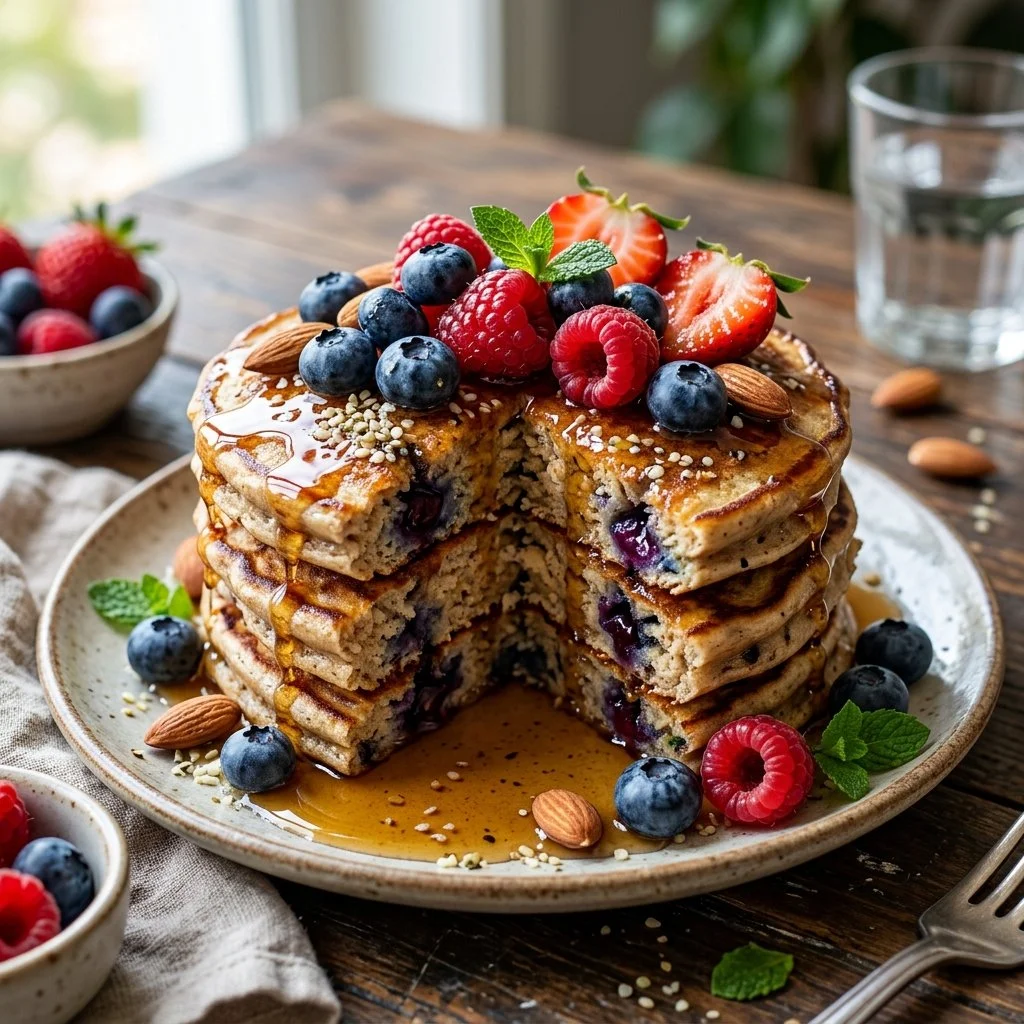 Fluffy protein pancakes topped with fruits and syrup, a healthy breakfast option