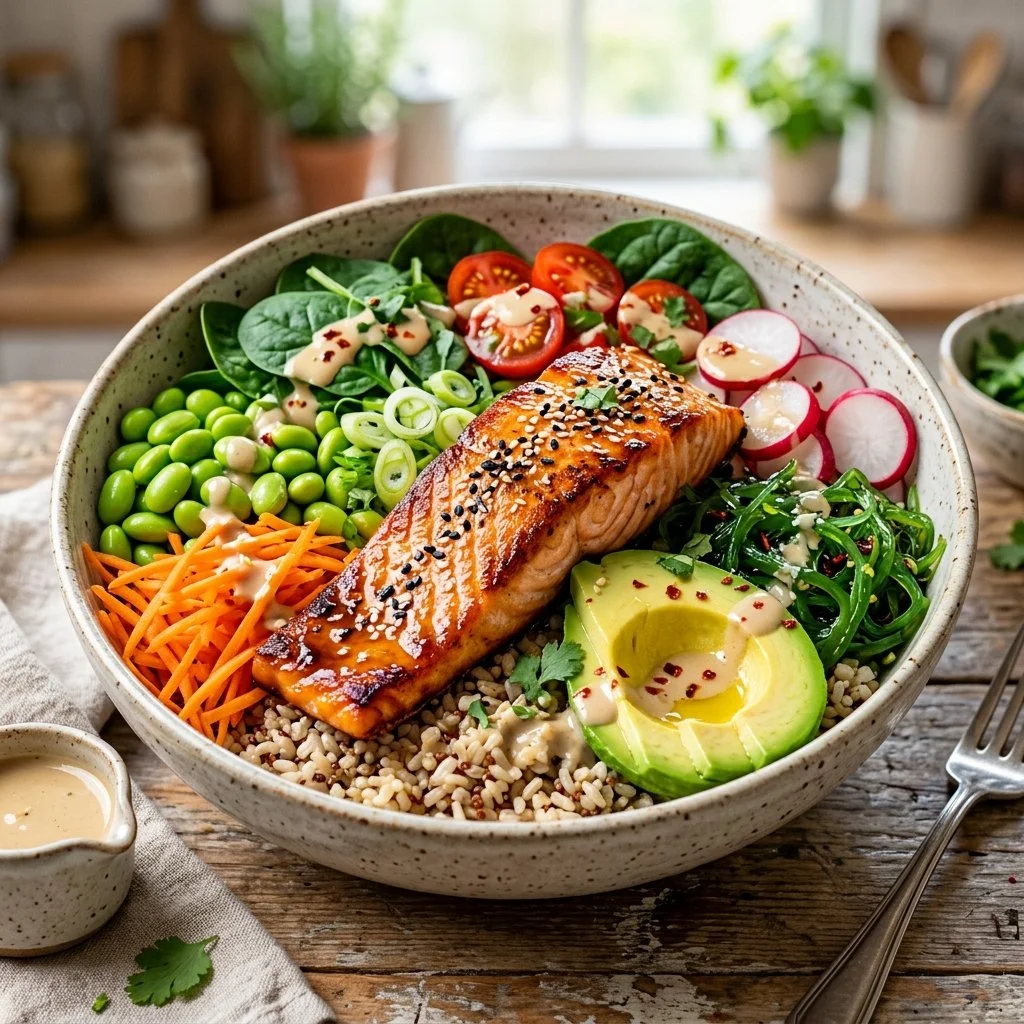 Colorful Salmon Buddha Bowl with fresh vegetables and grains