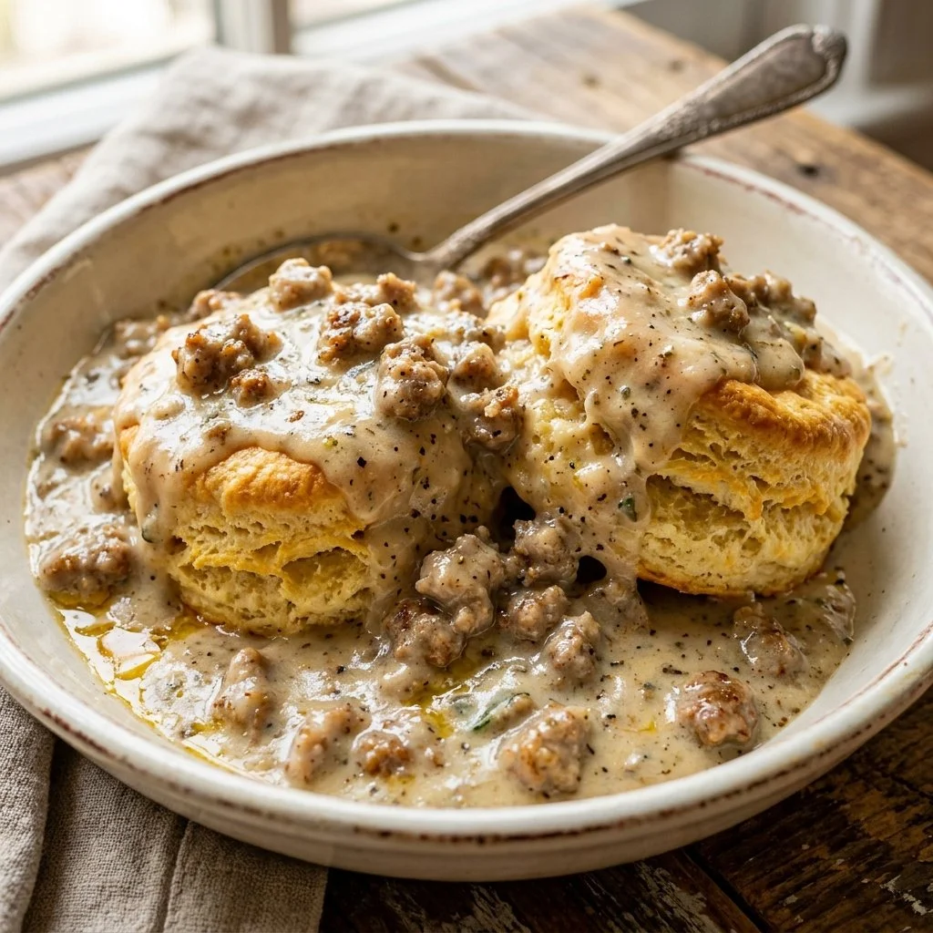 Delicious sausage gravy poured over flaky biscuits on a wooden table