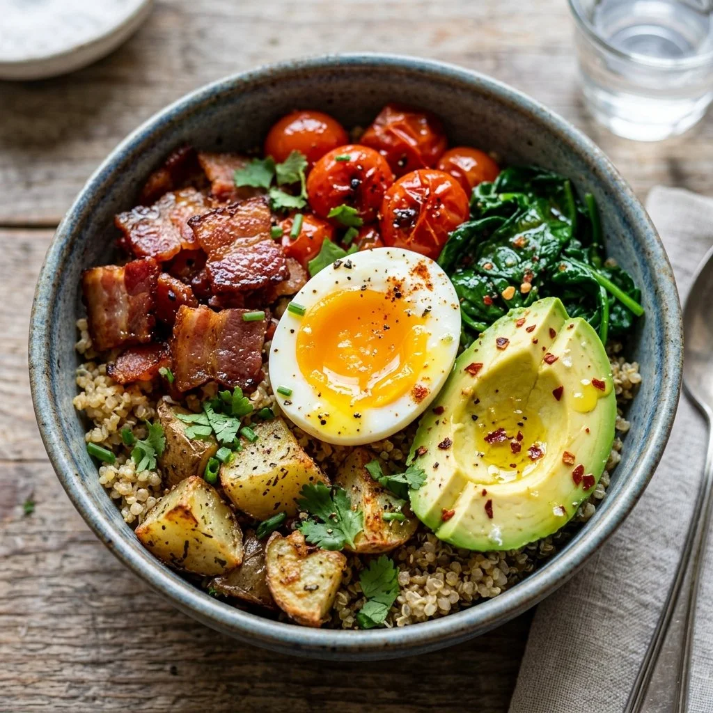 Savory Breakfast Bowl with eggs, vegetables, and grains for a healthy morning meal