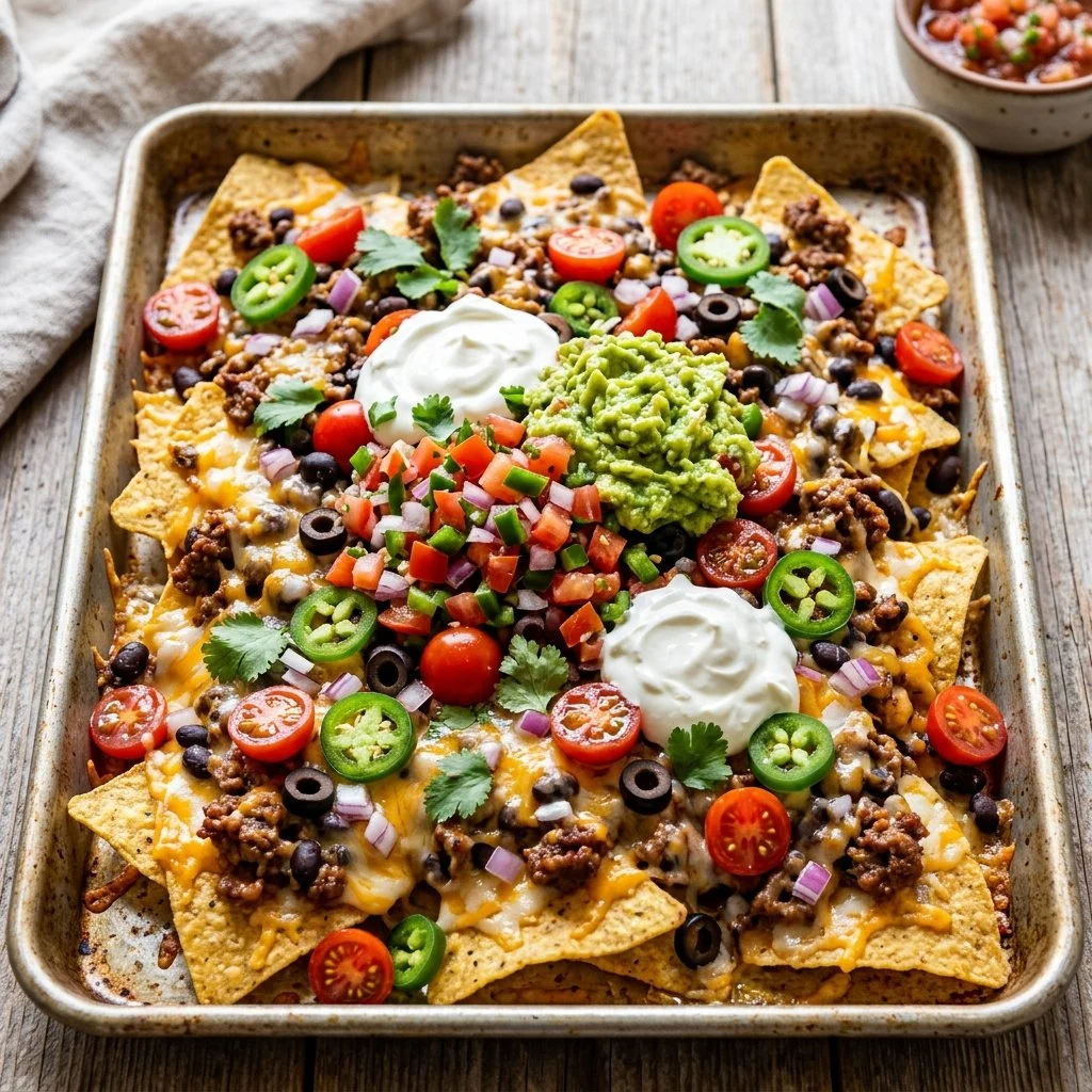 Delicious sheet pan nachos topped with cheese, jalapeños, and guacamole