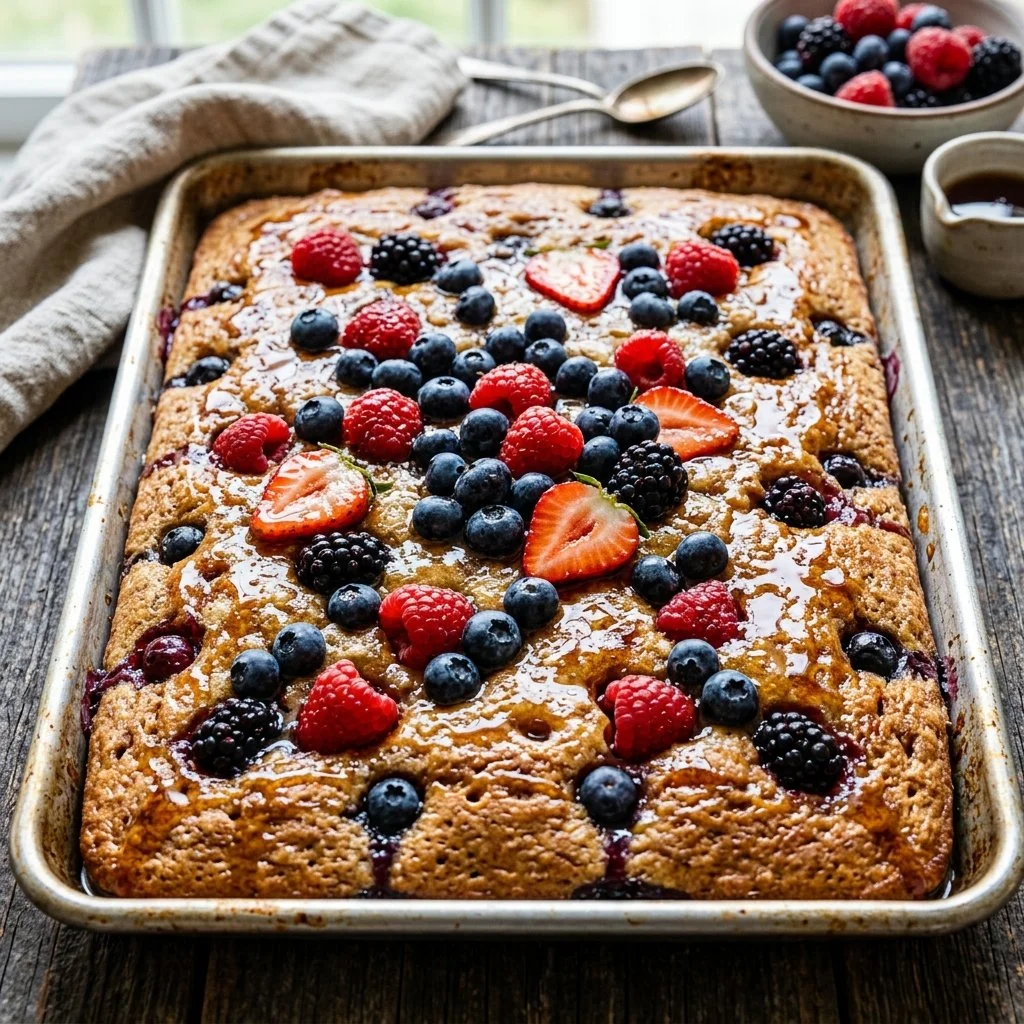 Delicious sheet pan pancakes ready to serve for breakfast