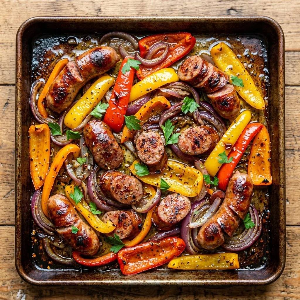 Colorful sheet pan with sausage and peppers ready to serve