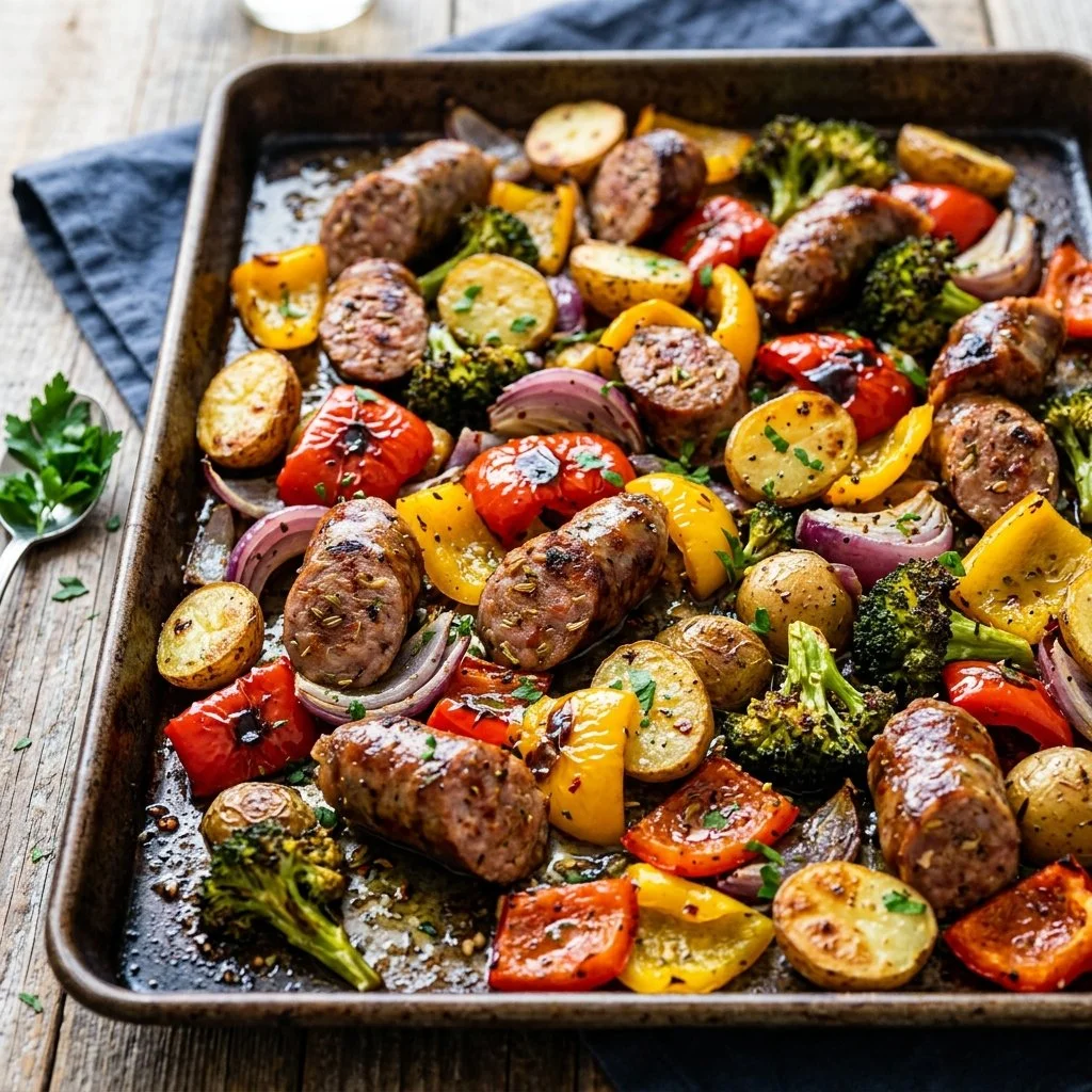 Delicious sheet pan sausage and veggies ready to serve