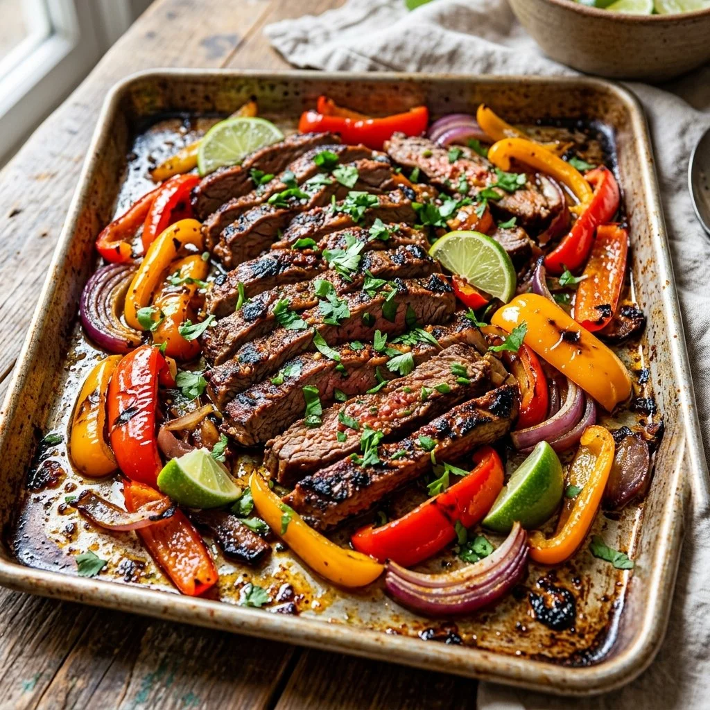 Crispy sheet pan steak fajitas with peppers and onions, ready to serve.