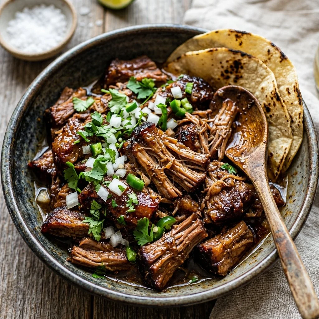 Delicious slow cooker carnitas served in a taco with fresh toppings