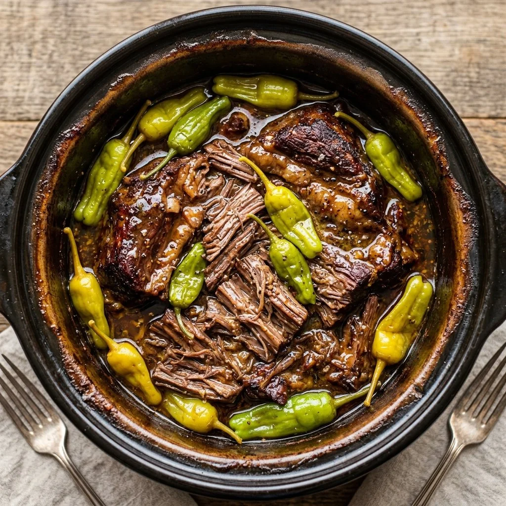 Slow cooker Mississippi pot roast served with vegetables and gravy