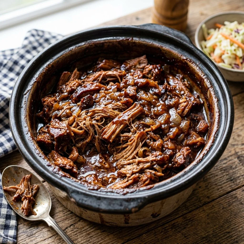 Delicious slow cooker pulled pork served in a sandwich with toppings.
