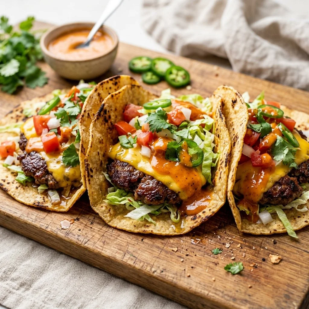 Delicious smash burger tacos served with fresh toppings