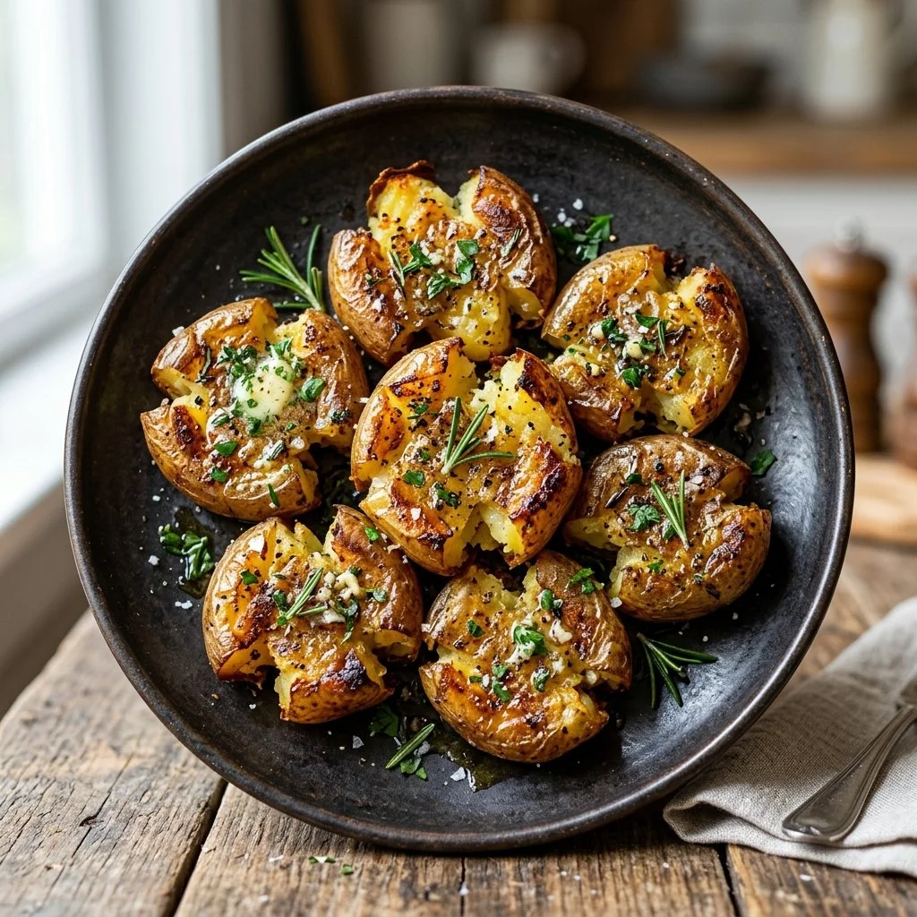A dish of crispy smashed potatoes garnished with herbs and seasoning