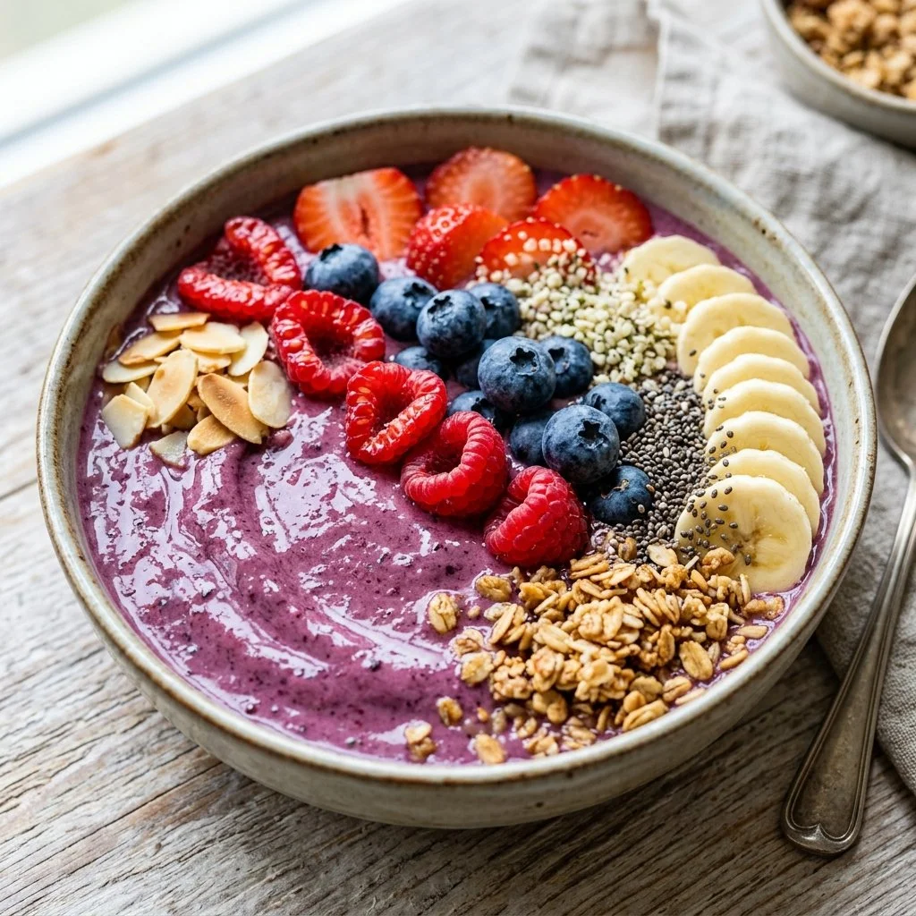 Colorful smoothie bowl topped with fresh fruits and granola
