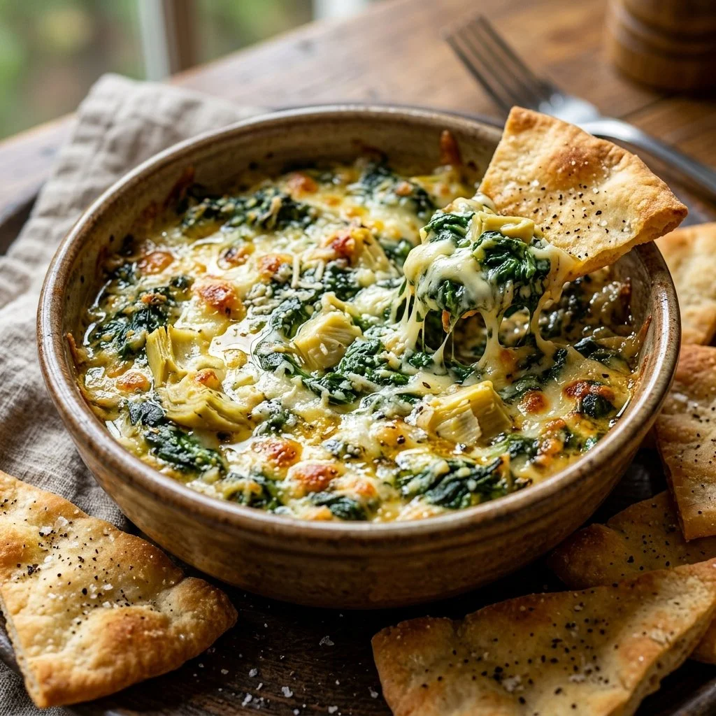 Creamy Spinach Artichoke Dip served in a bowl with tortilla chips