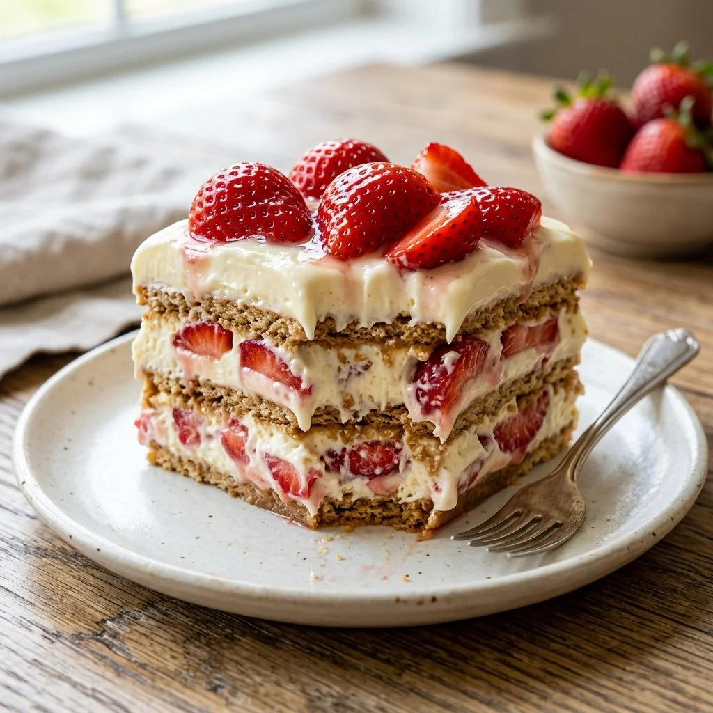 Delicious Strawberry Icebox Cake layered with fresh strawberries and whipped cream