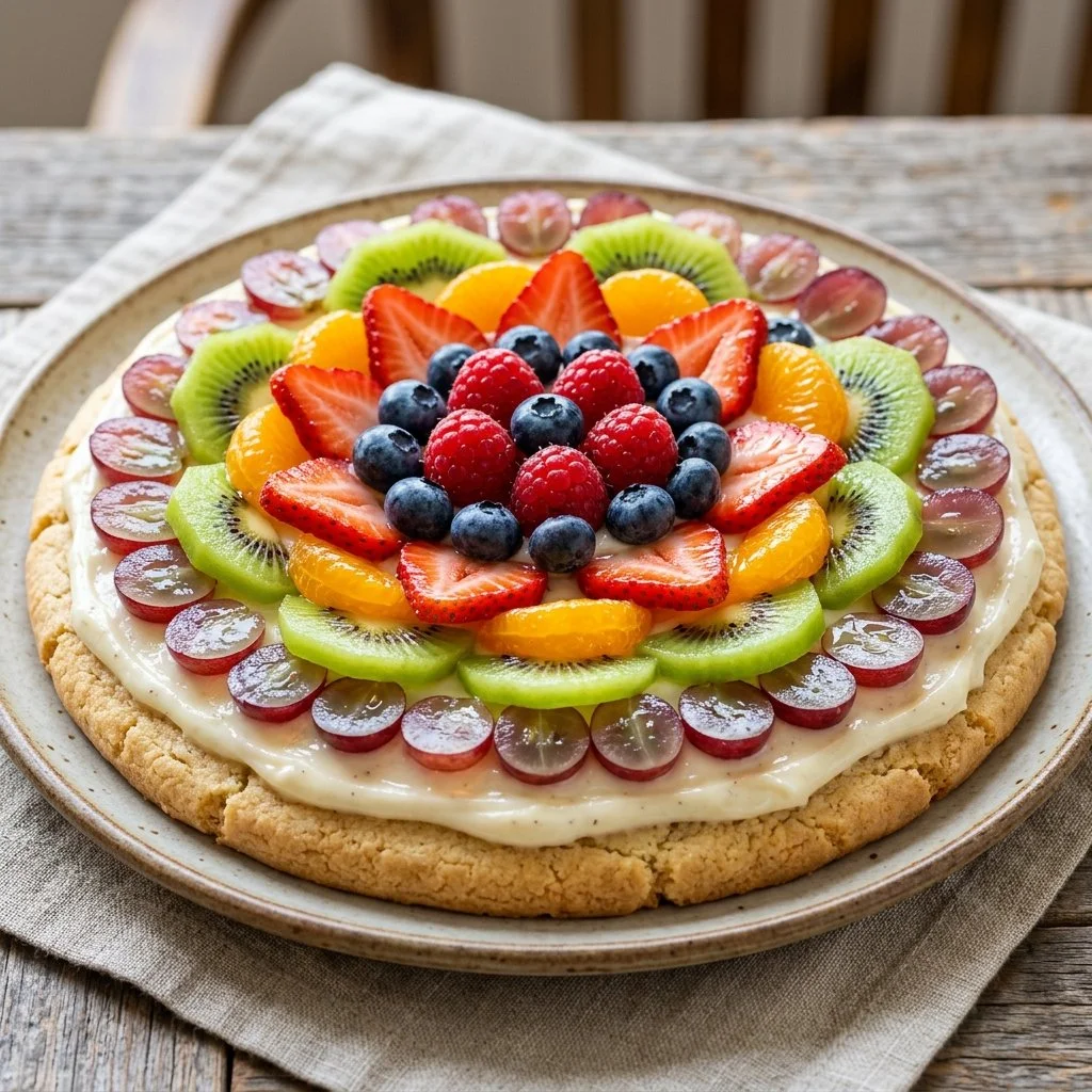 Delicious sugar cookie fruit pizza topped with colorful fresh fruits