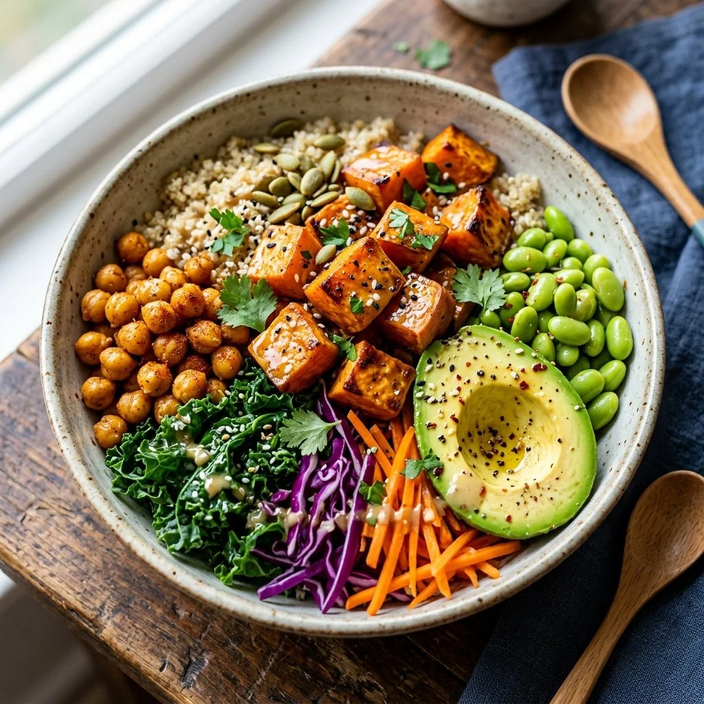 Colorful Sweet Potato Buddha Bowl with fresh vegetables and grains