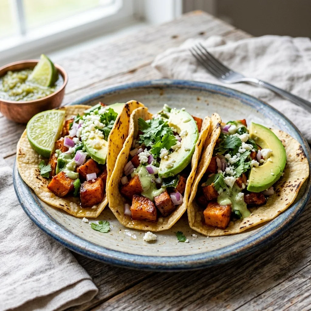 Colorful sweet potato tacos garnished with fresh ingredients