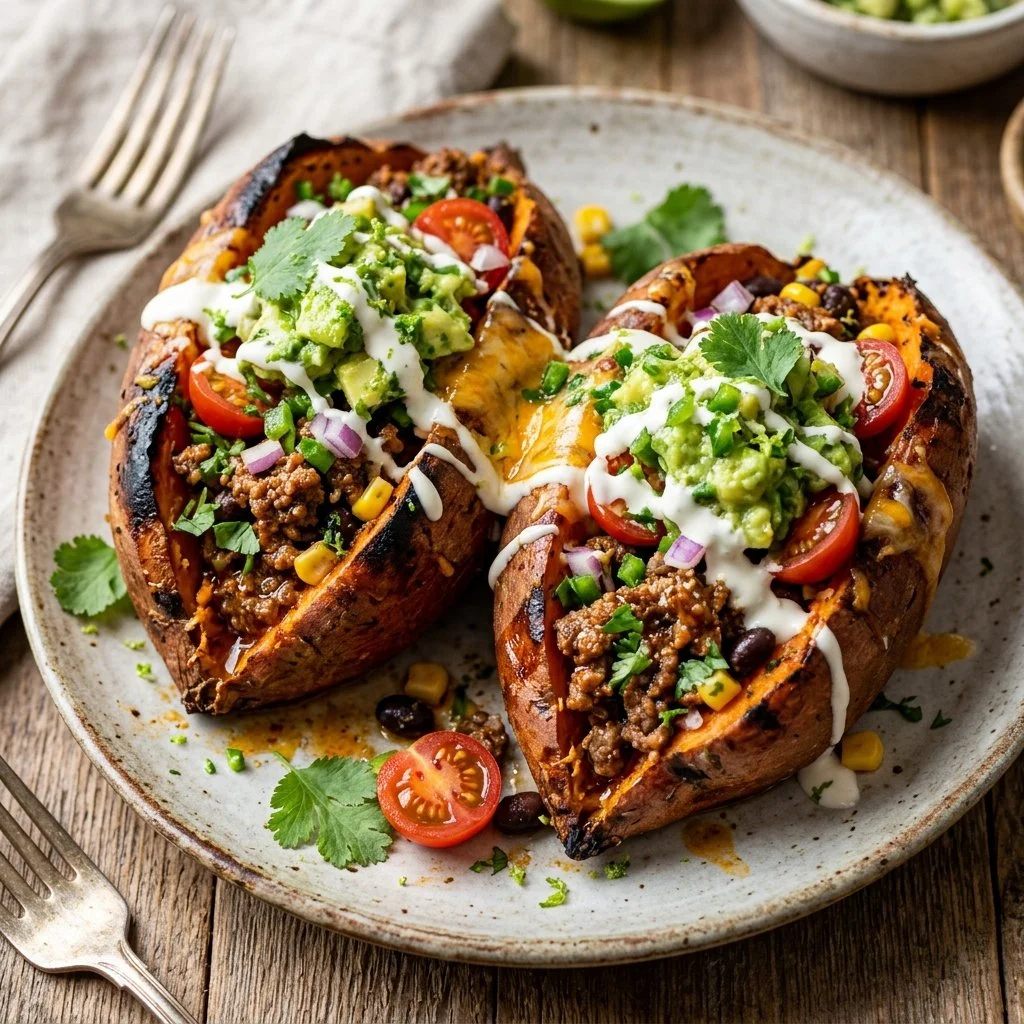 Taco stuffed sweet potatoes topped with cheese and fresh herbs
