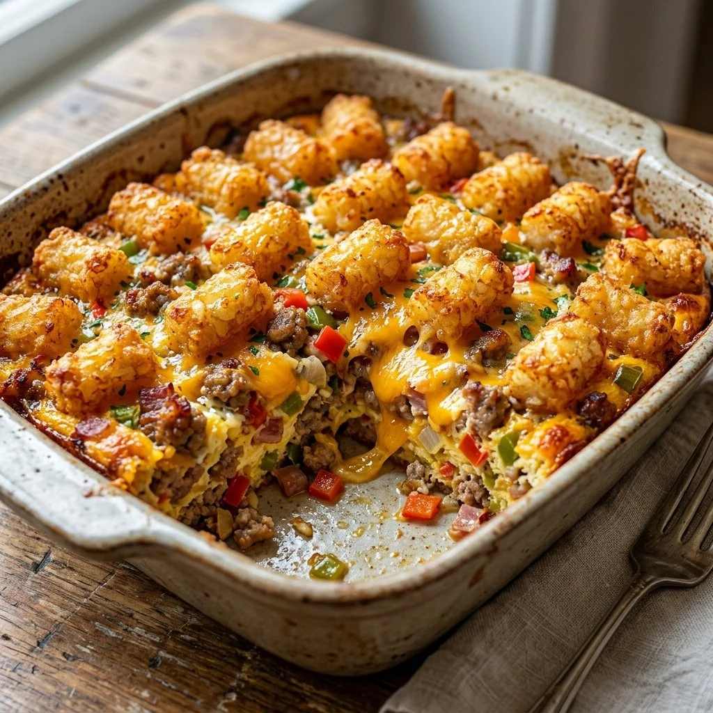 Tater Tot Breakfast Casserole garnished with herbs in a baking dish