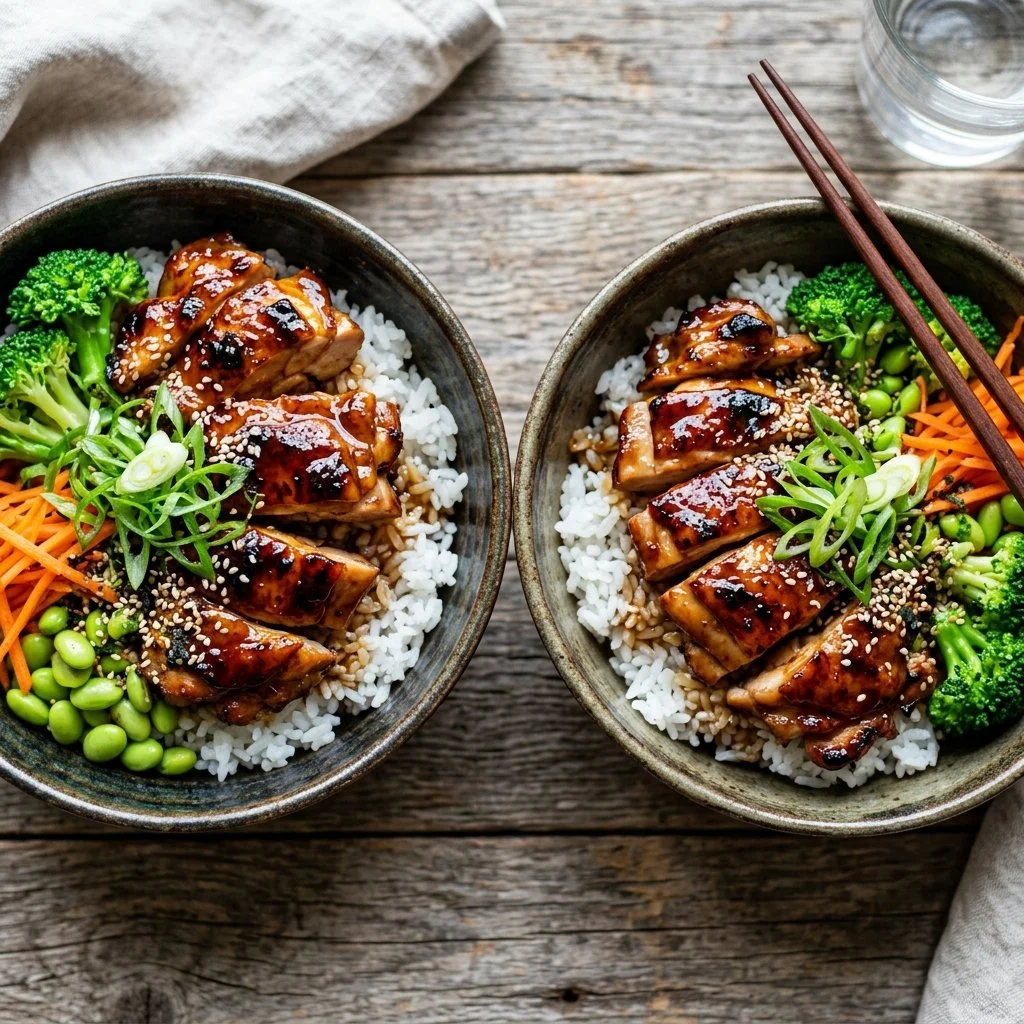 Delicious teriyaki chicken bowl with fresh vegetables and rice