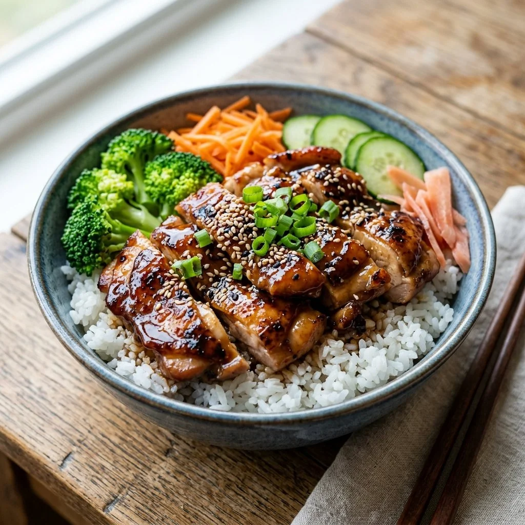 Delicious Teriyaki Chicken Rice Bowl with tender chicken and rice.