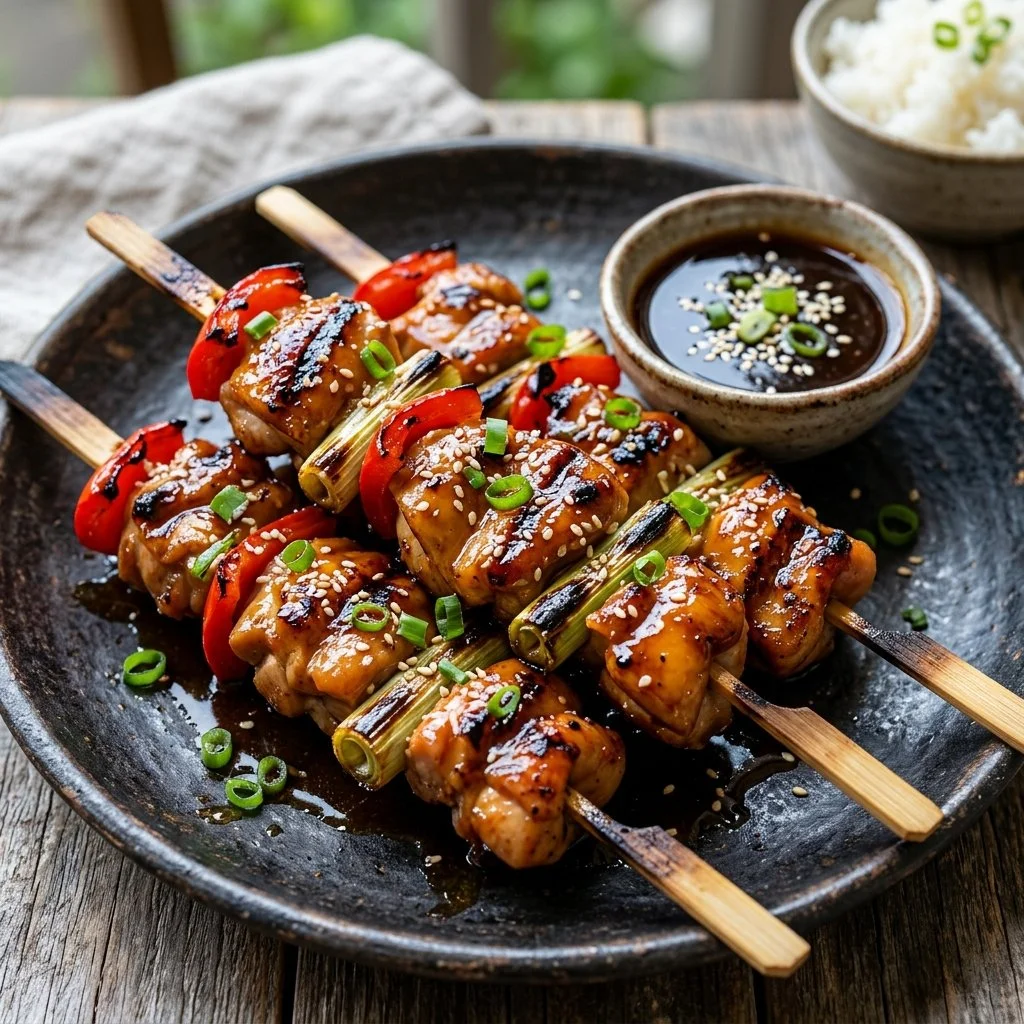Grilled Teriyaki Chicken Skewers garnished with sesame seeds and green onions