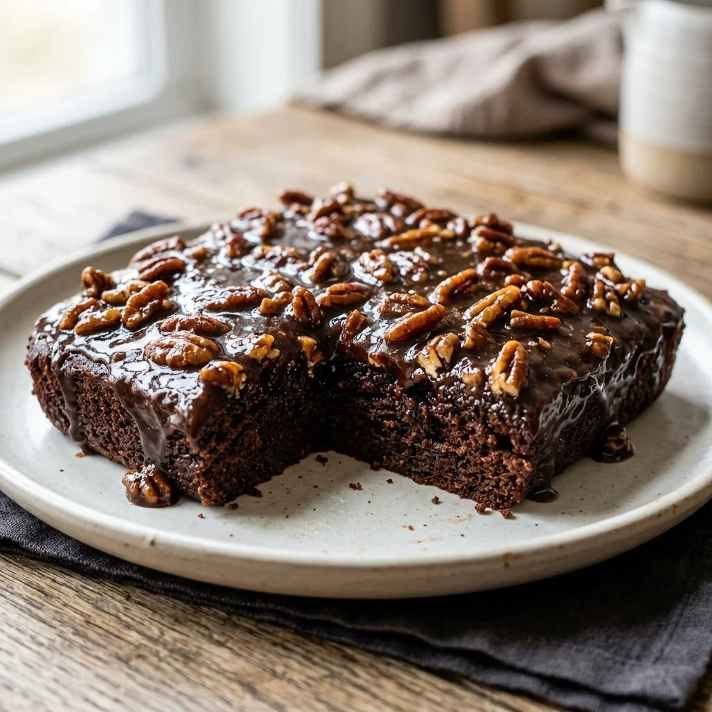 Delicious slice of Texas Sheet Cake topped with chocolate frosting