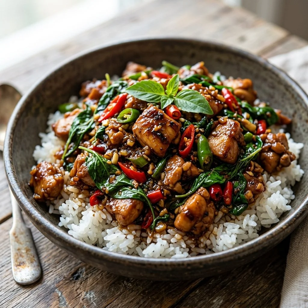 Delicious plate of Thai Basil Chicken garnished with fresh basil leaves