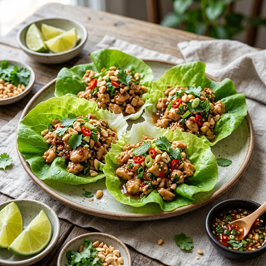 Thai Chicken Lettuce Wraps served with fresh herbs and dipping sauce