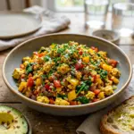 A colorful tofu scramble served with vegetables and herbs in a bowl.