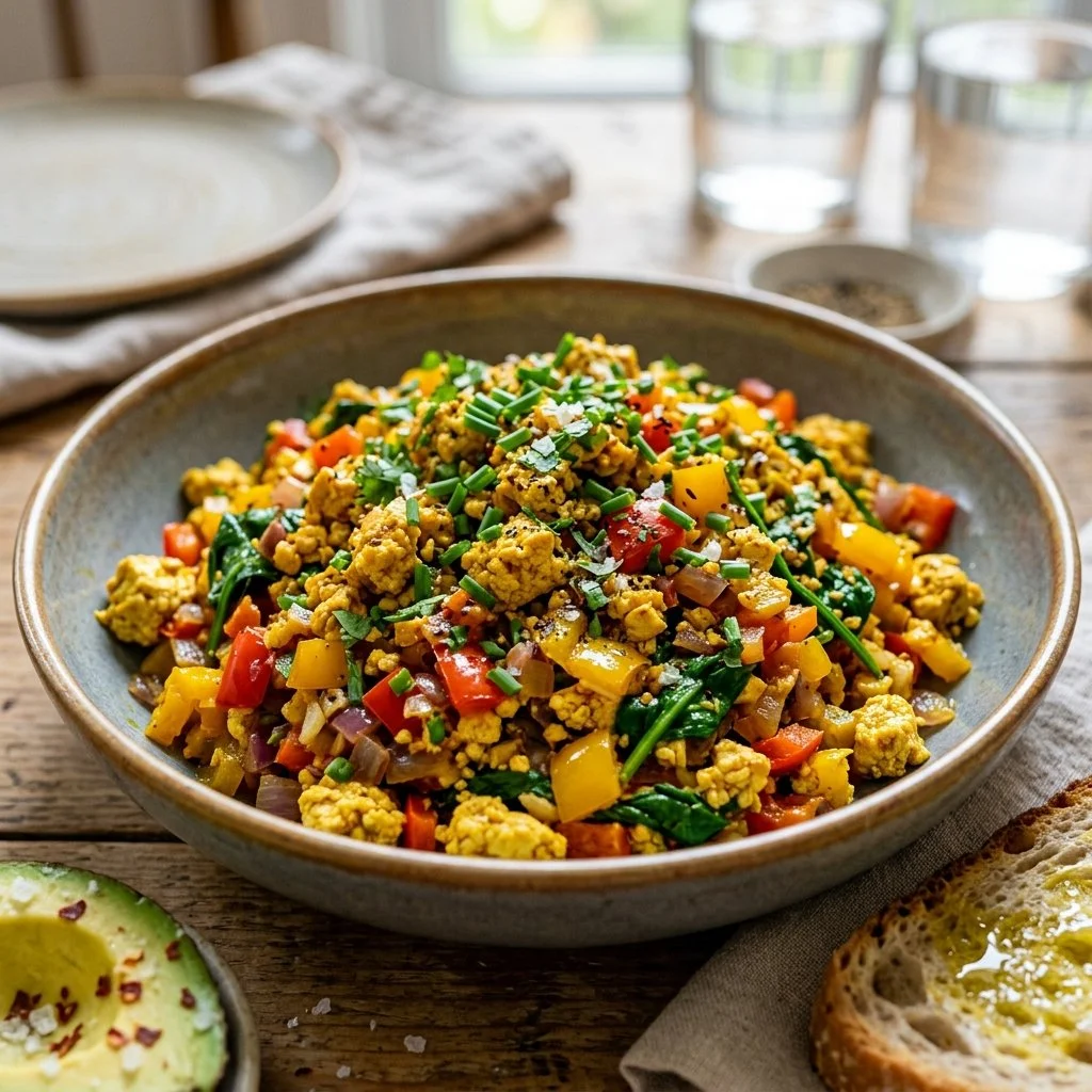 A colorful tofu scramble served with vegetables and herbs in a bowl.