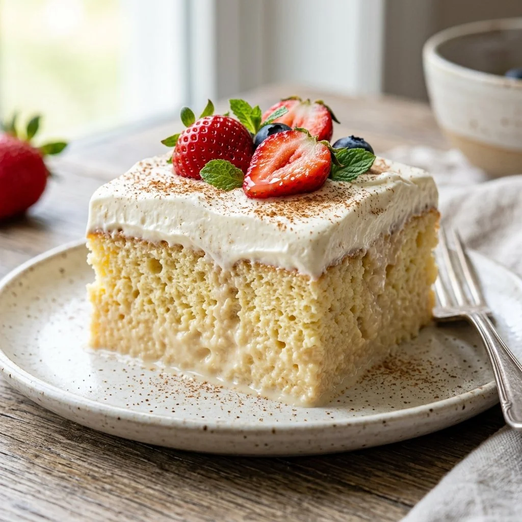 Delicious slice of Tres Leches Cake topped with whipped cream and fruit.
